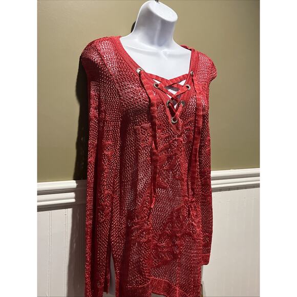 Inc International Concepts Top Womens M Red Mesh Asymmetrical Crochet Cover Up - Picture 3 of 7